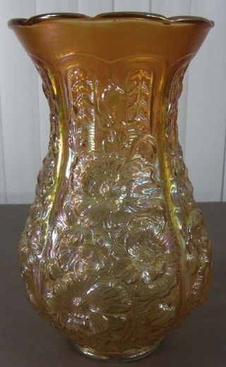Large Imperial Marigold Poppy Show Vase Carnival Glass Iridescent 12 1/4 Inches
