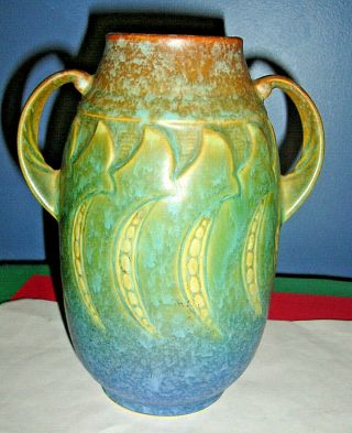 C.  1933 Roseville Pottery Falline Double Handled Peapod Vase,  Foil Label,  643 - 6