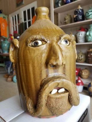 Large Brown Glazed Face Jug With Mustache & Brown Eyes By Billy Joe Craven