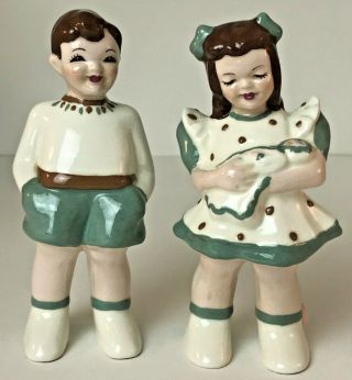 Vintage Florence Ceramics Pasadena Ca Butch & Joyce 5.  5 " Figurine Pair In Green