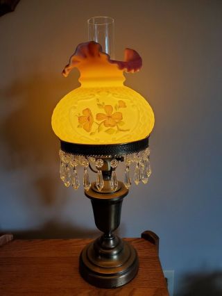 Signed Fenton Basket Weave Burmese Hand Painted Student Lamp With Crystals