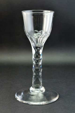 C1785,  Antique 18thc Georgian George Iii Ogee Wine Drinking Glass,  Faceted Stem