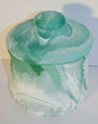 Vtg.  Fenton Seafoam Green Marble Art Glass Tobacco Biscuit Jar W/ Grapes Rare