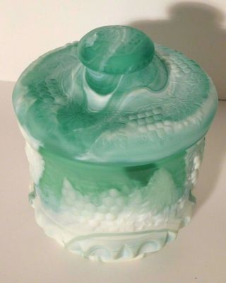 Vtg.  Fenton Seafoam Green Marble Art Glass Tobacco Biscuit Jar w/ Grapes RARE 2