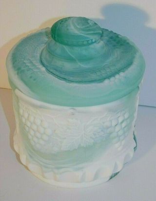 Vtg.  Fenton Seafoam Green Marble Art Glass Tobacco Biscuit Jar w/ Grapes RARE 3