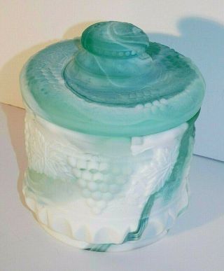 Vtg.  Fenton Seafoam Green Marble Art Glass Tobacco Biscuit Jar w/ Grapes RARE 4