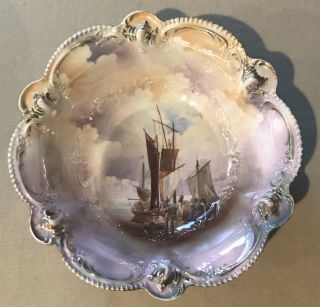 Antique Rs Prussia 10.  5” Serving Bowl With Schooner/masted Ships