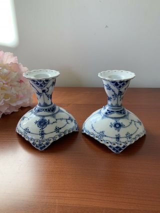 1 Pair Royal Copenhagen Blue Fluted Full Lace Candle Holders 4”