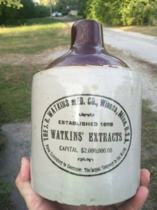 1/2 Gallon J.  R.  Watkins Extracts Stoneware Jug Winona,  Minn.  Red Wing