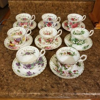 8 Out Of 12 Royal Albert Flowers Of The Month Series Tea Cups And Saucers