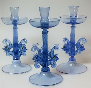 Awesome Blue Murano Glass Dolphin Candlesticks Candle Holders - Set Of 3