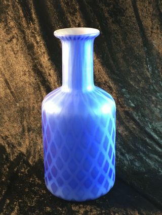 Victorian Satin Glass Mop Diamond Quilted Vase Blue 10 3/4 " Tall