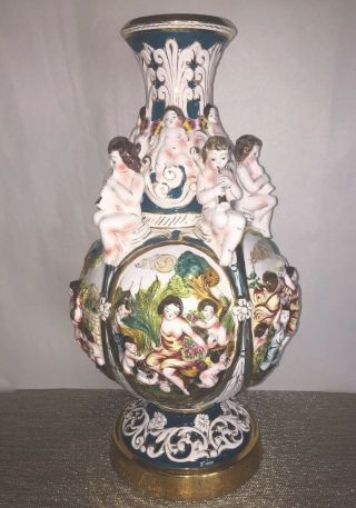 Large Capodimonte Vase 18” Cherubs Italy Figural -