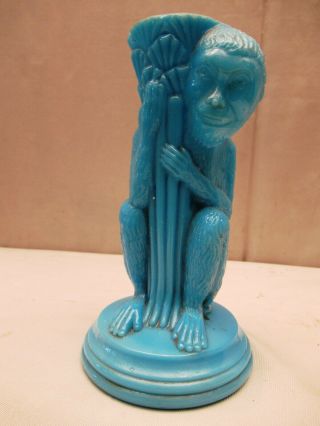 Vallerysthal 19c Monkey Animal Figural Antique Blue Opaline Milk Glass Vase Old
