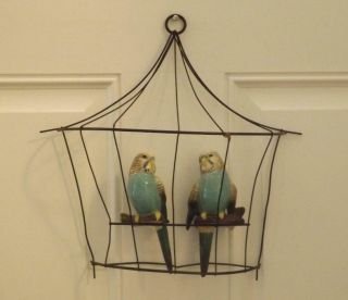 Vintage Ceramic Arts Studio Budgie & Pudgie Parakeet Bird Shelf Sitters & Cage