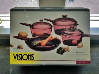 Visions Corning Non - Stick Glass Cookware 7 Pc Set Pots Pans Cranberry Open Box