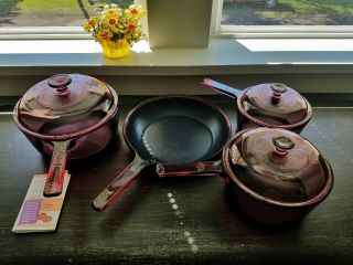 Visions Corning Non - Stick Glass Cookware 7 pc Set Pots Pans CRANBERRY Open Box 3