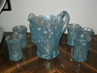 1969 Vintage Imperial Glass 7 Piece Azure Blue Carnival Tiger Lily Water Set