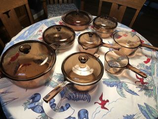 14 Piece Set,  Vision Pyrex Corning Ware,  Brown Amber Glass Cookware,  Pots/ Pans