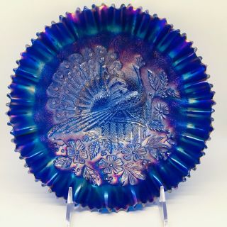 Northwood Antique Carnival Glass Blue Peacocks At The Fence Pce Bowl