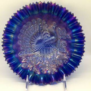 Northwood Antique Carnival Glass BLUE Peacocks at the Fence PCE bowl 7