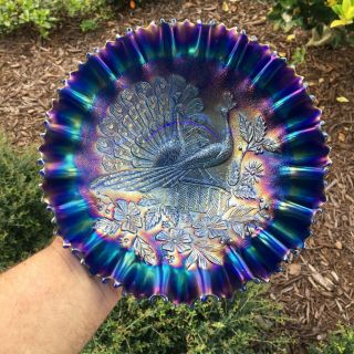 Northwood Antique Carnival Glass BLUE Peacocks at the Fence PCE bowl 8