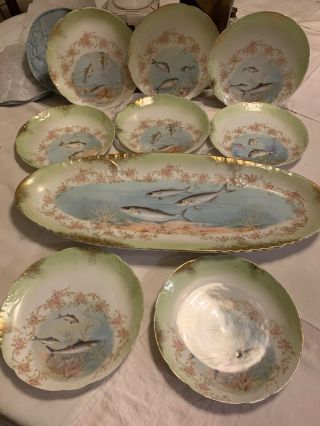 22 1/2”carlsbad Austria Painted Porcelain Floral & Fish Serving Platter&8 Plates