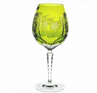 Nachtmann Traube Lime Green Cut To Clear Crystal Wine Balloon 9.  5 " Signed