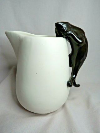 Camark Pottery Vintage Climbing Cat Pitcher White With Black Cat Handle Rare