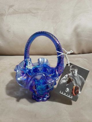 Fenton Glass Mini Basket Blue Stamped Rare 5 " X4 " W/certifict
