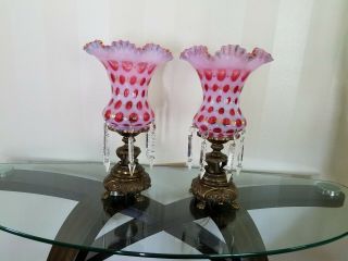 Vintage Pair Fenton Coin Dot Cranberry Opalescent Lamps.  Ruffled.