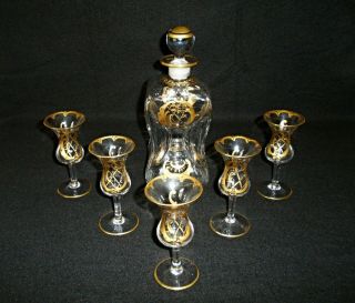 Rare Antique Baccarat Crystal Glass Gold Rocailles Decanter & 5 Sherry Goblets
