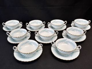 Minton Symphony Blue S557 Set Of 9 Cream Soup Bowls & Saucers