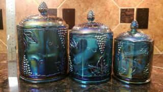 Vintage Indiana Carnival Glass Blue Purple Teal Irridescent Canister Jars Set
