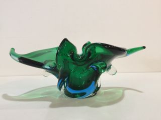 Vintage Art Glass Murano Green & Blue Bowl,  11 1/2 " Widest X 5 1/2 " X 4 3/4 " H