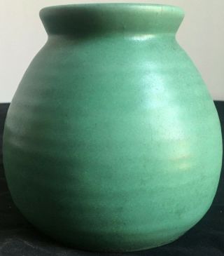 TECO MATTE GREEN ARTS CRAFTS VASE MISSION DOUBLE SIGNED RIBBED STICKLEY LIMBERT 2
