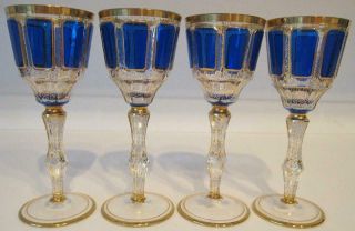 Four 8 1/4 " Cobalt Blue Cabochon & Hand Painted Gold Bohemian Czech Art Glasses