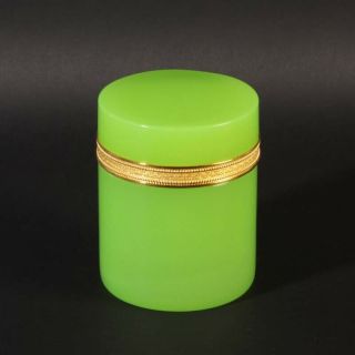 Vintage French Opaline Casket Box Round Gold Metal Frog Green 1935 - 40 Org.