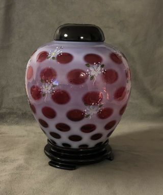 Fenton Cranberry Opalescent Coin Dot Hand Painted 3pc Ginger Jar Signed