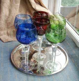 Set Of Six Good Quality Bohemian Colour Flashed Cut Crystal Hock Wine Glasses