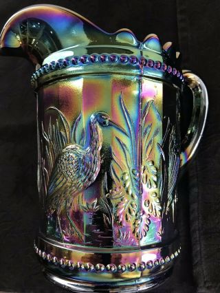Stork & Rushes Carnival Glass Water Pitcher Set Amethyst Purple