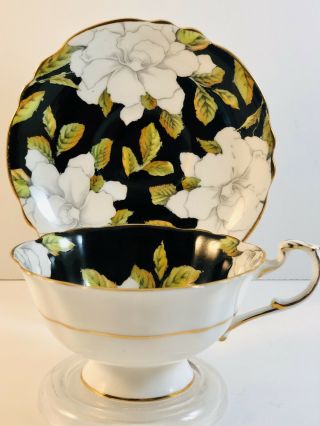 Paragon Black with White Flowers Vintage Teacup and Saucer Hand painted 3