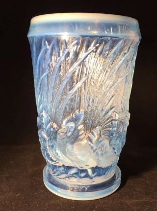 Duncan Miller Glass Blue Opalescent Footed Sculptured Chanticleer Vase Art Deco