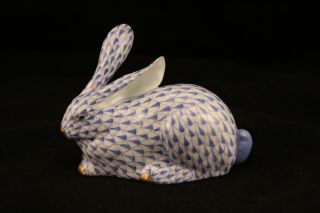 Herend Hungary Bunny Rabbit 15335 Blue Fishnet Hand Painted Porcelain Figurine