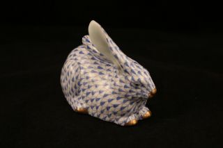 Herend Hungary Bunny Rabbit 15335 Blue Fishnet Hand Painted Porcelain Figurine 6
