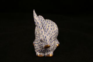 Herend Hungary Bunny Rabbit 15335 Blue Fishnet Hand Painted Porcelain Figurine 7
