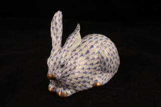 Herend Hungary Bunny Rabbit 15335 Blue Fishnet Hand Painted Porcelain Figurine 8