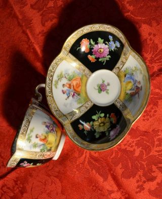 Dresden Quatrefoil Cup Saucer Meissen Style Hand Painted Germany C19th Antique