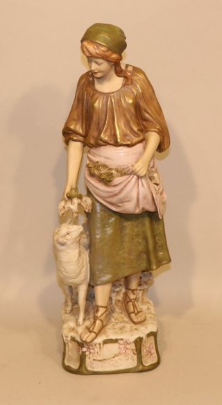 Royal Dux Art Nouveau Pottery Sculpture Shepherdess Woman Standing Feeding Sheep