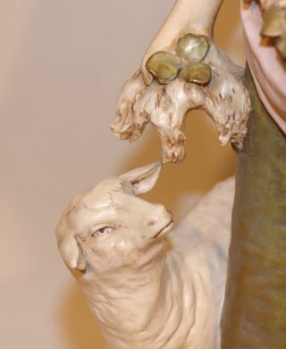 Royal Dux Art Nouveau Pottery Sculpture Shepherdess Woman Standing Feeding Sheep 3